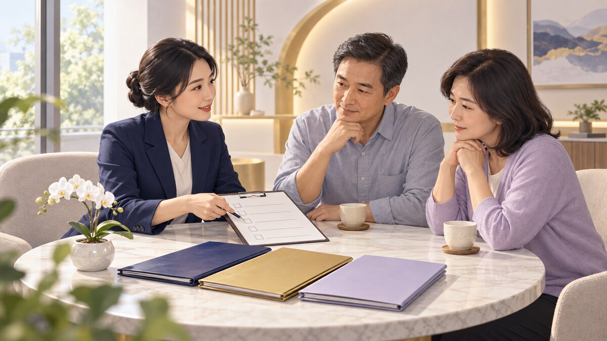 禮儀服務人員在明亮諮詢室向家屬說明後事處理清單的情境示意