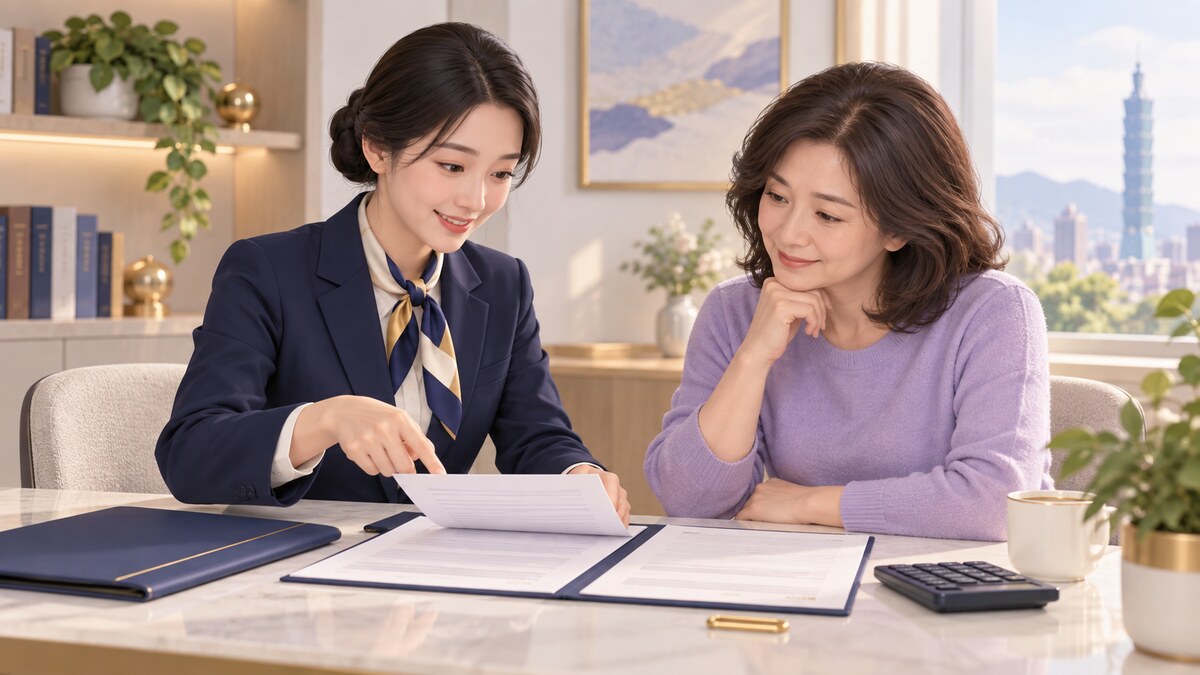 銀行服務人員協助家屬核對繼承文件的情境示意