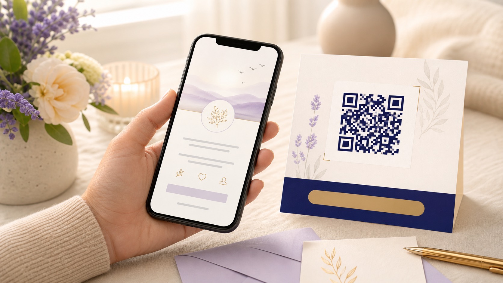 家屬以手機與 QR Code 分享電子訃聞頁面，讓親友更安心收到正確連結
