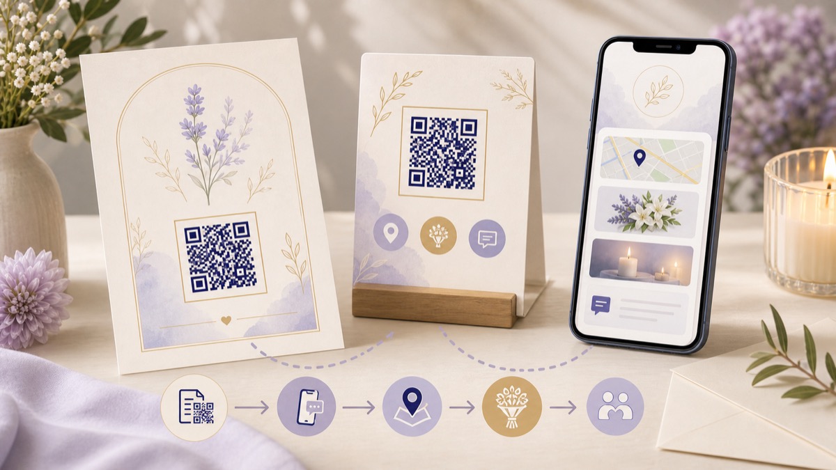 紙本訃聞、會場立牌與手機頁面以同一個 QR Code 串接通知與導航