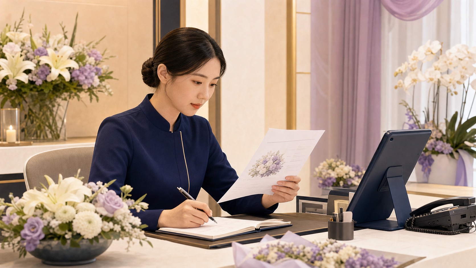 禮儀公司人員確認花禮改單申請與落款資訊