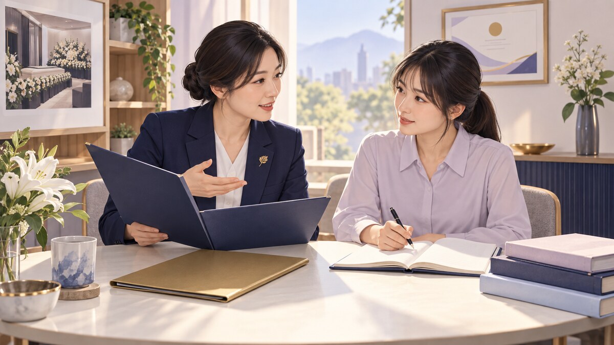 禮儀公司主管向新人說明職務培訓與資格文件的情境示意