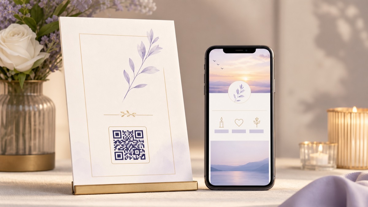 紙本訃聞與手機上的電子訃聞頁面透過 QR Code 串起分享入口